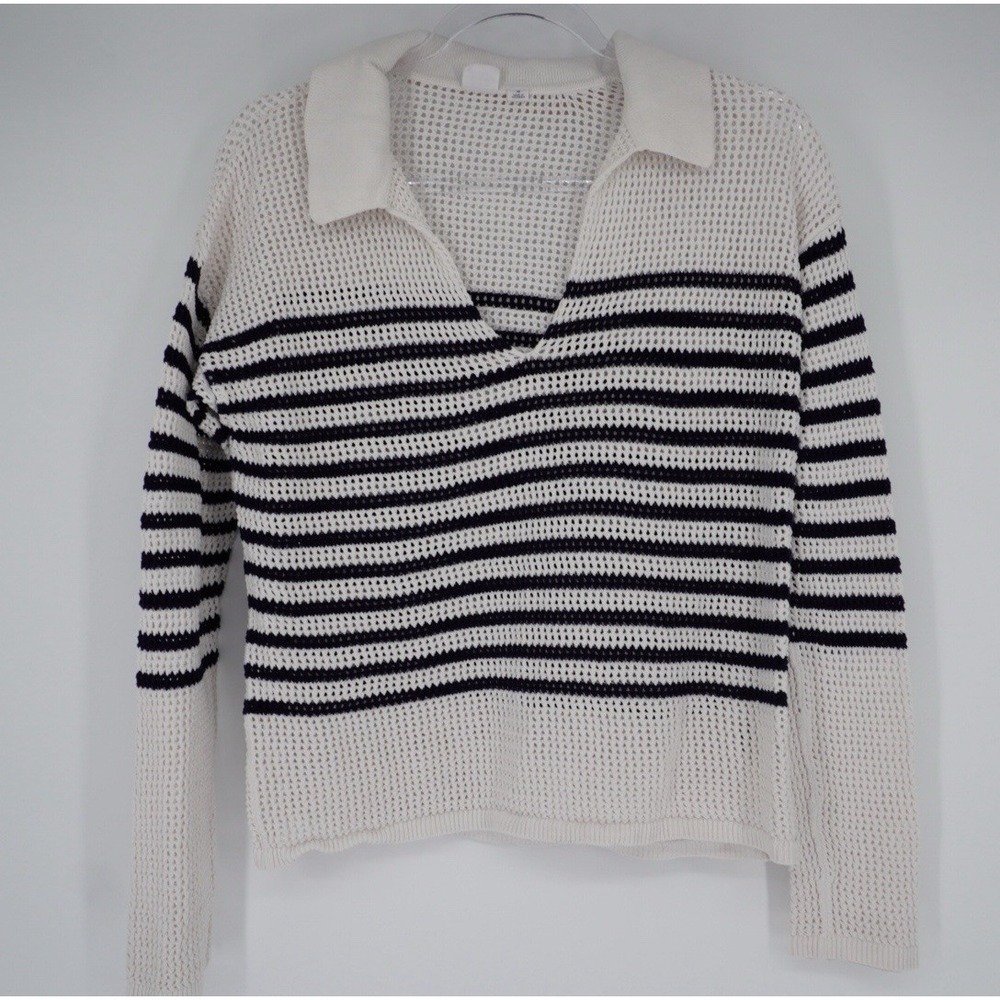 GAP‎ Womens Sweater Relaxed Stripe White and Blue Crochet Collared Nautical M